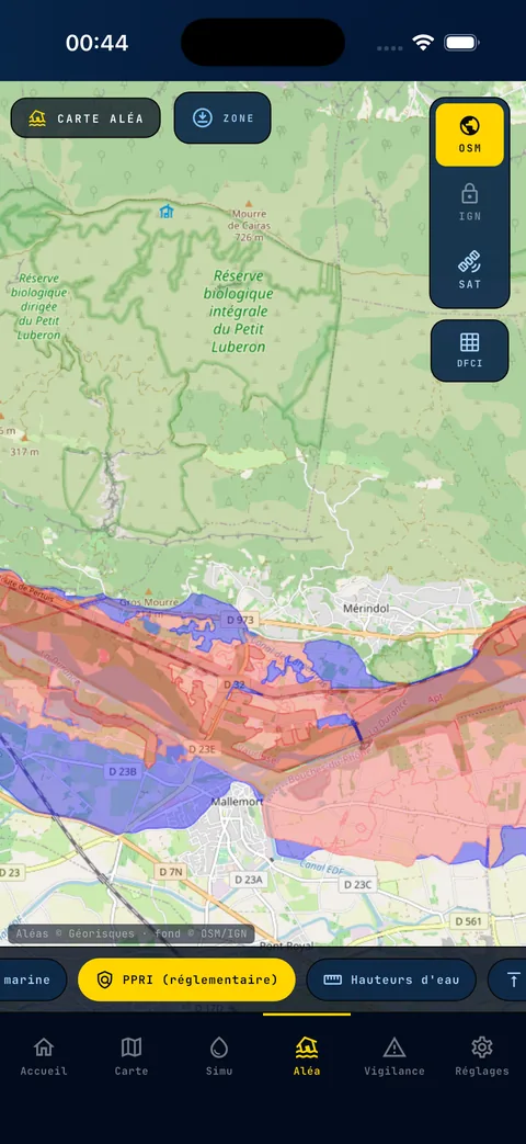 Carte des aléas inondation Géorisques (PPRI) dans KiloEcho