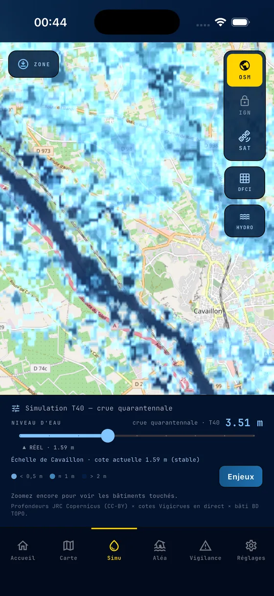 Simulation de crue quarantennale (T40) sur Cavaillon dans KiloEcho : profondeurs d'eau Copernicus et niveau d'eau à l'échelle de la station