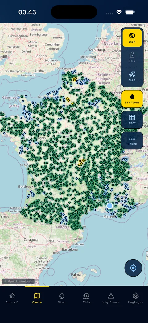 Carte de France des stations Vigicrues dans KiloEcho